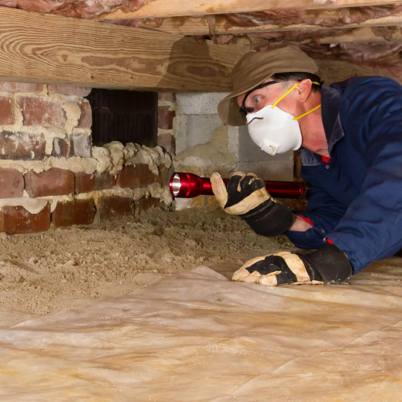 A termite inspector man is crawling under a wooden floor with a torch.